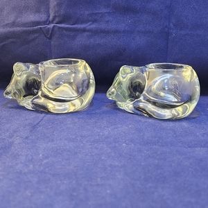 Indiana Glass Vintage Pair of Sleeping Cat Kitten Votive Crystal Candle Holder